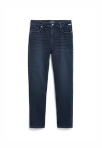 Donkerblauwe denim jeans met een slim fit, voorzien van vijf zakken, een rits en een subtiele stone wash textuur voor extra detail.