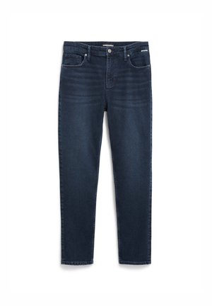 Dunkelblaue Jeans aus Denim mit Slim-Fit, die fünf Taschen, einen Reißverschluss und eine dezente Stone-Wash-Textur für zusätzlichen Detailreichtum aufweisen.