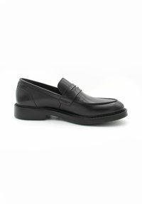 Mocassins en cuir noir avec un bout arrondi, des détails cousus et une bande décorative sur le devant. Présente une semelle basse et plate.