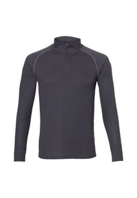 Donkergrijze pullover met lange mouwen, een hoge kraag en een kwartrits, voorzien van raglanmouwen en flatlocknaden voor extra comfort.