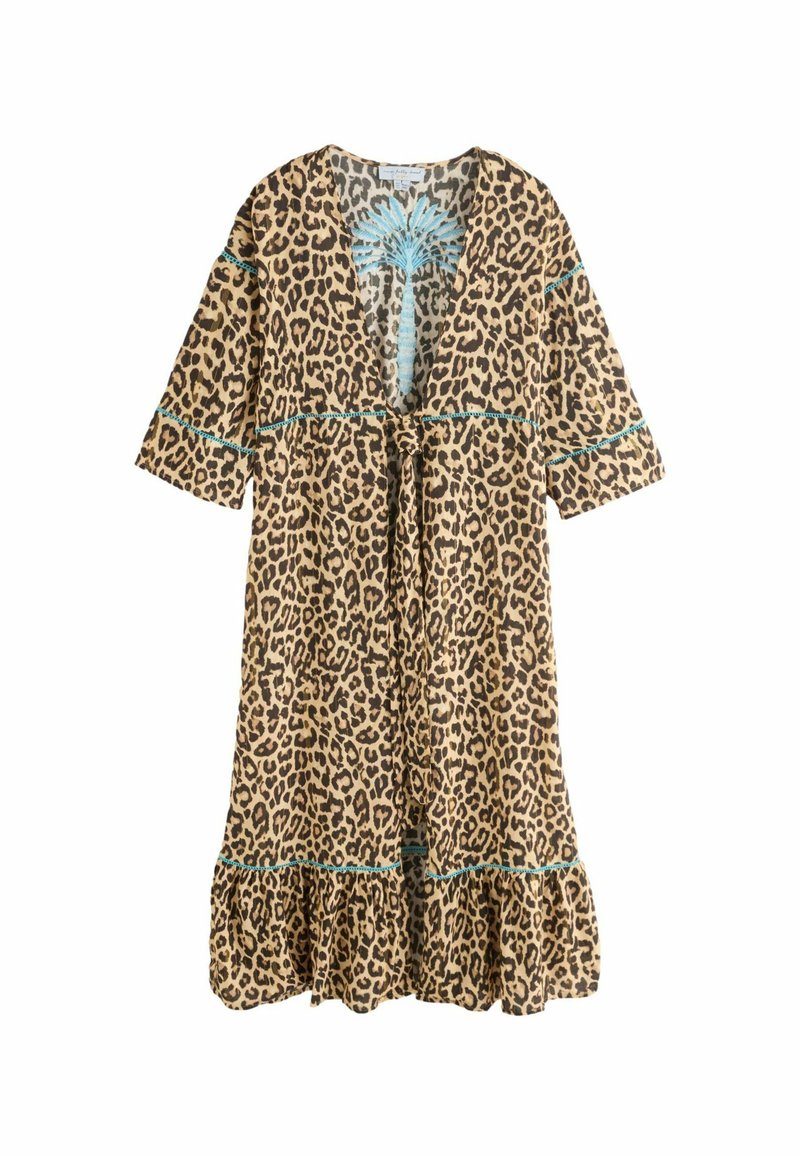 Leopraddruk-Kleid mit blau gestickter Palme auf der Brust, 3/4-Ärmeln, Vorderschleife und gerafftem Saum.