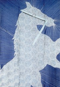 Design mappale astratto con sfondo blu navy, caratterizzato da modelli a spirale bianchi e linee radiali, accentuato da dettagli blu chiaro.