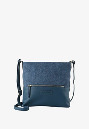 Kryžminė kuprinė su mėlynu audiniu viršuje ir mėlyna odine baze. Yra priekinė užtrauktuko kišenė ir reguliuojama petneša. Bendras paviršius lygus.