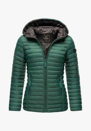 Chaqueta de plumas verde con cierre de cremallera en el frente, capucha y patrón de acolchado horizontal. Cuenta con dos bolsillos laterales y un acabado suave y brillante.