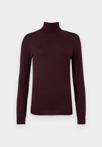 Burgundy turtleneck sweater with a textured pattern, long sleeves, and fitted cuffs. Made from soft, stretchy material.
