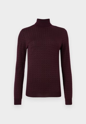 Burgunderfarget genser med høy hals, med teksturert mønster, lange ermer og tettsittende mansjetter. Laget av mykt og elastisk materiale.