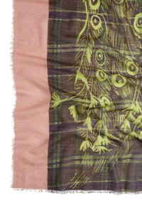 Woven scarf with a pink edge; features a dark background with green abstract leaf and eye patterns, and a soft, textured finish.