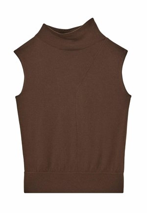 Hnedý bezrukávový top s vysokým golierom, so priliehavým strihom, príjemným materiálom a diagonálnym švom na prednej strane.