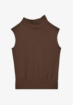 Brauner ärmelloser Oberteil mit Stehkragen, im körpernahen Design, aus weichem Material und mit einer diagonalen Nahtdetail auf der Vorderseite.