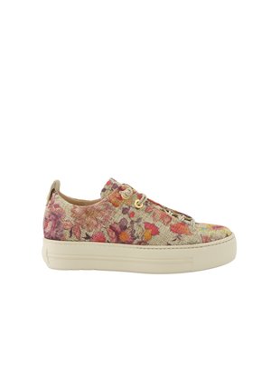 Floral-patterned sneaker with textile upper in pinks and yellows, cream rubber sole, and beige laces. Features a rounded toe and low profile.