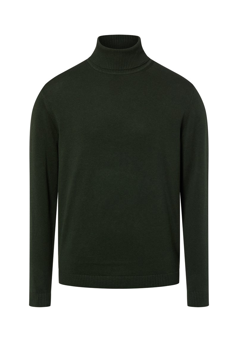Donkergroene gebreide coltrui met lange mouwen en geribbelde kraag, manchetten en zoom, afgebeeld op een witte achtergrond.