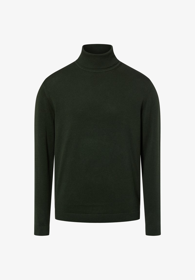 Donkergroene gebreide coltrui met lange mouwen en geribbelde kraag, manchetten en zoom, afgebeeld op een witte achtergrond.