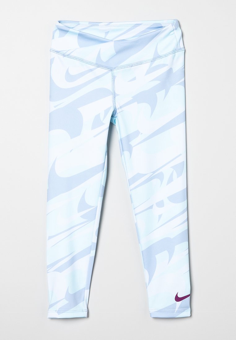 Himmelblaue Sportleggings mit einem dynamischen Wirbelmuster in dunkleren Farbtönen. Aus dehnbarem Stoff gefertigt, mit einer enganliegenden Passform und einem Bund.