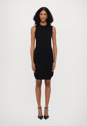 Black knit sleeveless dress with a figure-hugging design, featuring a textured pattern and a hem that falls above the knees.