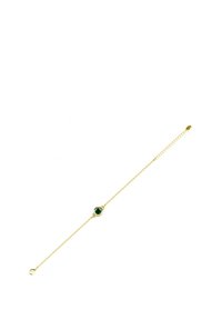 Gouden kettingarmband met een ronde groene edelsteen in het midden, voorzien van een fijne schakelontwerp en sluiting met klapsluiting.