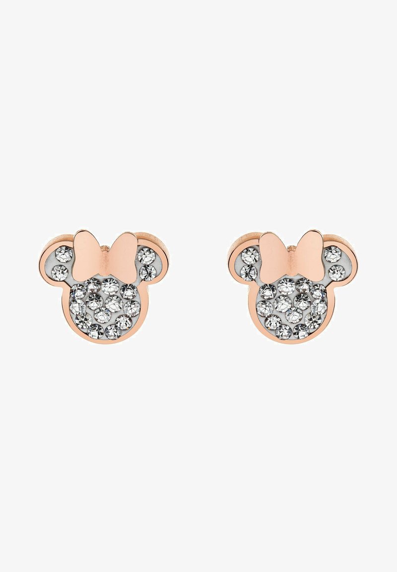 Roze gouden studs in de vorm van een muizenkop, met een strikje en een cluster van heldere kristallen op de kop.