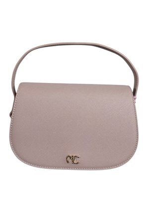Piccola borsa a mano in pelle rosa chiaro con tracolla corta e logo intrecciato oro "MC" sulla chiusura della patta frontale.