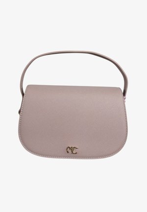 Piccola borsa a mano in pelle rosa chiaro con tracolla corta e logo intrecciato oro "MC" sulla chiusura della patta frontale.