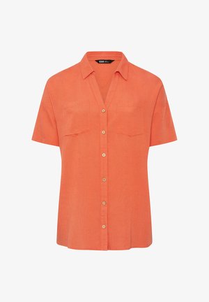 Chemise orange à manches courtes avec col et deux poches poitrine, coupe décontractée et ample.