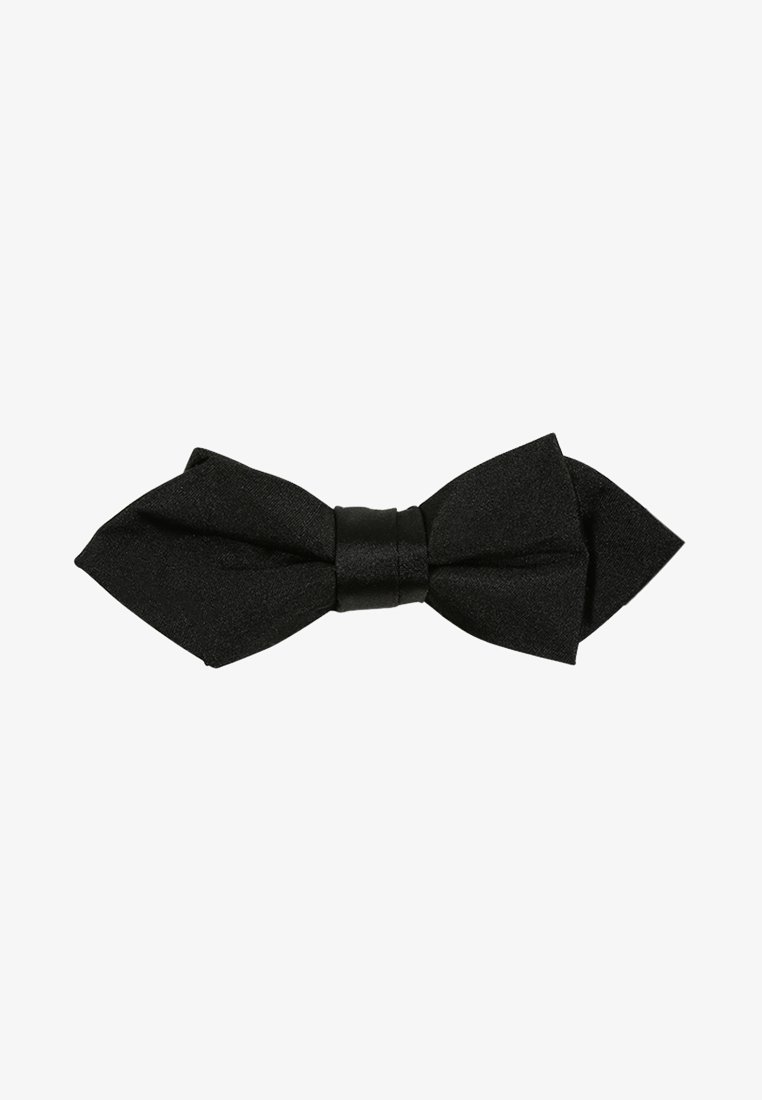 Papillon nero realizzato in tessuto texturizzato, con estremità appuntite e una banda centrale in satin per la chiusura.