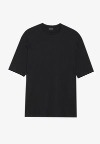 Czarna bawełniana koszulka z okrągłym dekoltem, krótkimi rękawami i luźnym krojem. Gładka tekstura bez widocznych wzorów lub akcentów.