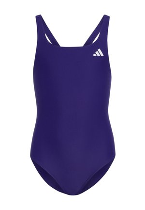 Fialové jednodílné plavky s dvojitými ramínky a malým bílým logem Adidas na horní části hrudi.