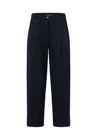 Marineblaue, weit geschnittene Hosen mit einem maßgeschneiderten Design, frontseitigem Plissee, Knopfverschluss und Seitentaschen. Hergestellt aus glattem Stoff.