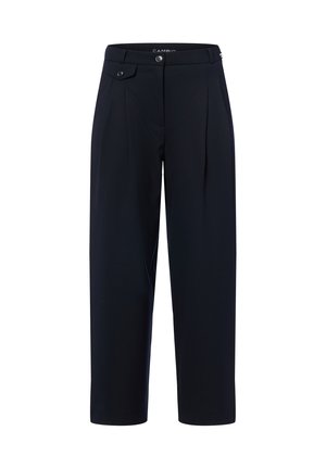 Marineblaue, weit geschnittene Hosen mit einem maßgeschneiderten Design, frontseitigem Plissee, Knopfverschluss und Seitentaschen. Hergestellt aus glattem Stoff.
