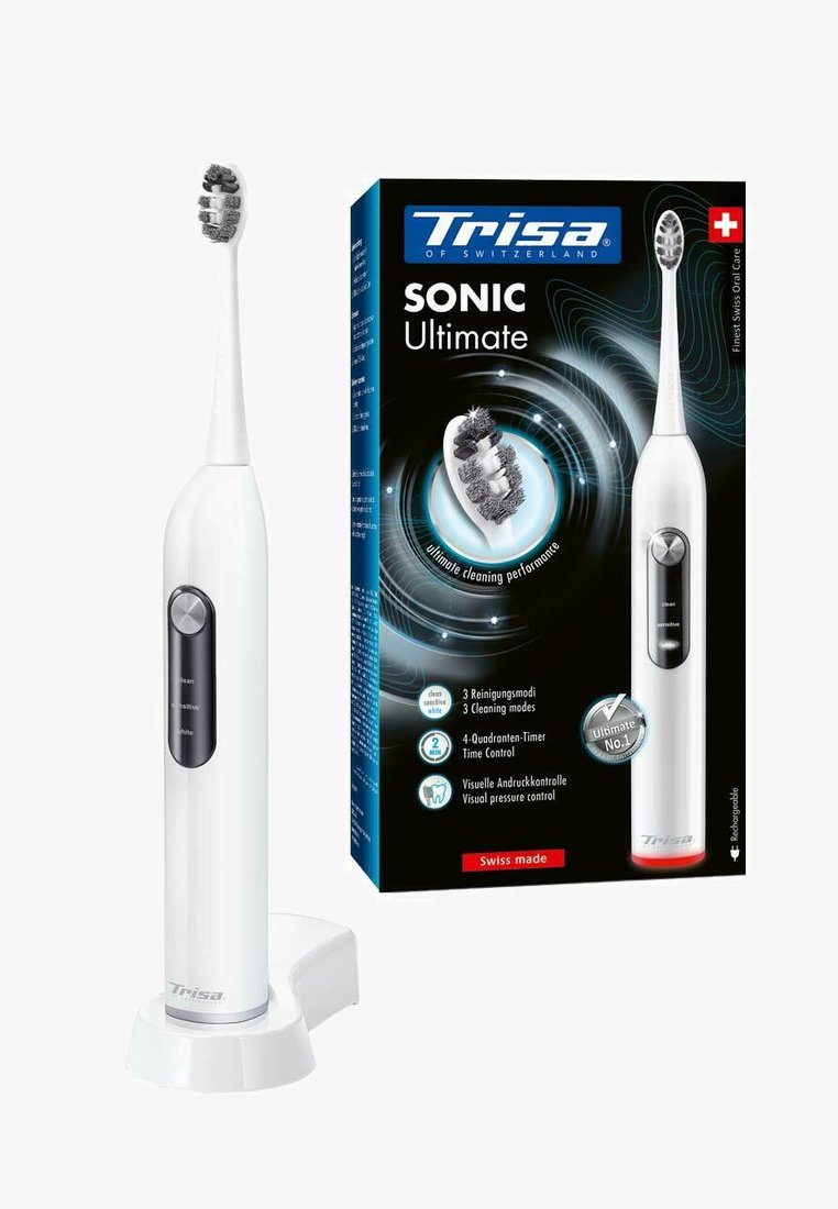 Elektrische Zahnbürste mit weißem Gehäuse, runder Steuerungstaste und einem charakteristischen Kopfdesign. Wird mit einer Ladestation und Verpackung geliefert.