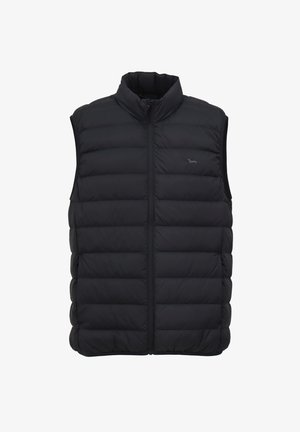 Sort puffer vest med høj krave, frontlynlås og vandret quiltet mønster. Lavet af letvægts, vejrbestandigt materiale.