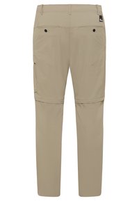 Beige Cargo-Hosen mit geradem Schnitt, zwei Gesäßtaschen, einer Seitentasche und abnehmbaren Beinen zur Umwandlung in Shorts. Hergestellt aus leichtem Stoff.