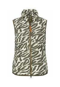 Gevoerde, mouwloze vest met een hoge kraag. Kenmerken zijn een groen-wit zebra patroon, een rits aan de voorkant en een bruin leren accent.