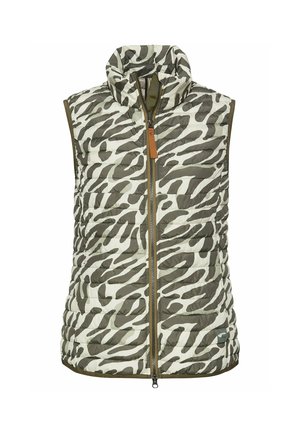 Gilet rembourré sans manches avec un col haut. Présente un imprimé zèbre vert et blanc, une fermeture éclair à l'avant et un détail en cuir marron.