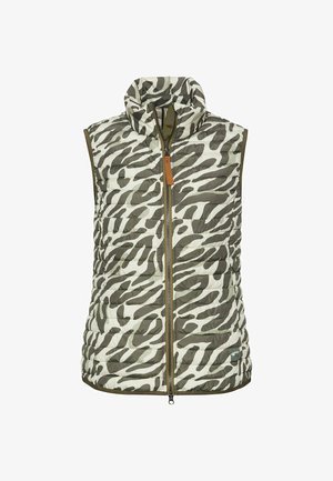 Gilet rembourré sans manches avec un col haut. Présente un imprimé zèbre vert et blanc, une fermeture éclair à l'avant et un détail en cuir marron.