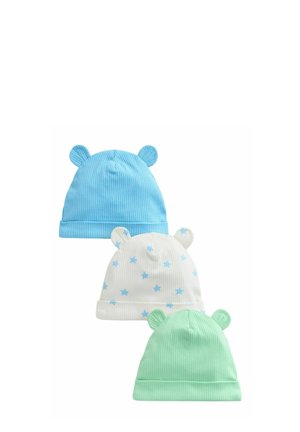 Three ribbed baby hats: light blue with ears, white with blue stars and ears, mint green with ears; all feature stretchy, soft fabric.