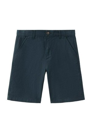 Shorts décontractés bleu foncé avec passants pour ceinture, bouton à l'avant, fermeture éclair et poches latérales sur fond blanc.