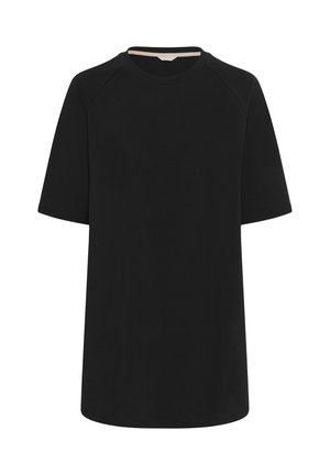 Sort kortærmet t-shirt med rund halsudskæring, lavet af blødt stof, med raglanærmer og en enkel, afslappet pasform.