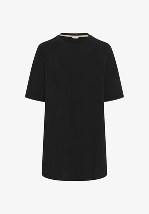 Melnā īsajā piedurknē T-kreklā ar apaļu dekoltē, kas izgatavots no mīksta auduma, ar raglan piedurknēm un vienkāršu, brīvu piegriezumu.