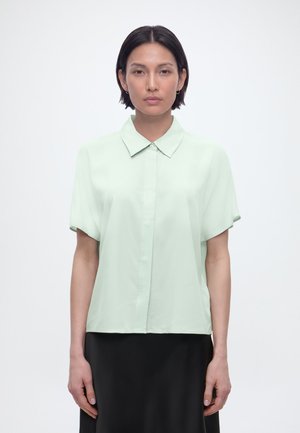 Frau mit kurzen dunklen Haaren, die ein hellgrünes kurzärmeliges Hemd mit Knöpfen und einen schwarzen Rock trägt, steht vor einem schlichten weißen Hintergrund.