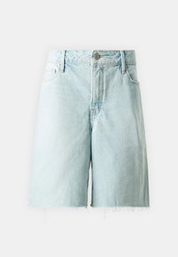 Svetle modré džíny šortky s vysokým pasem, roztrženým lemem a designem se pěti kapsami. Vyrobené z pevné tkaniny s hladkou texturou.