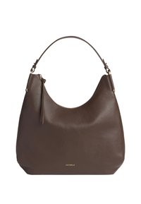 Borsa hobo in pelle marrone con finitura testurizzata, silhouette curva, una sola tracolla e accento in oro del logo alla base.