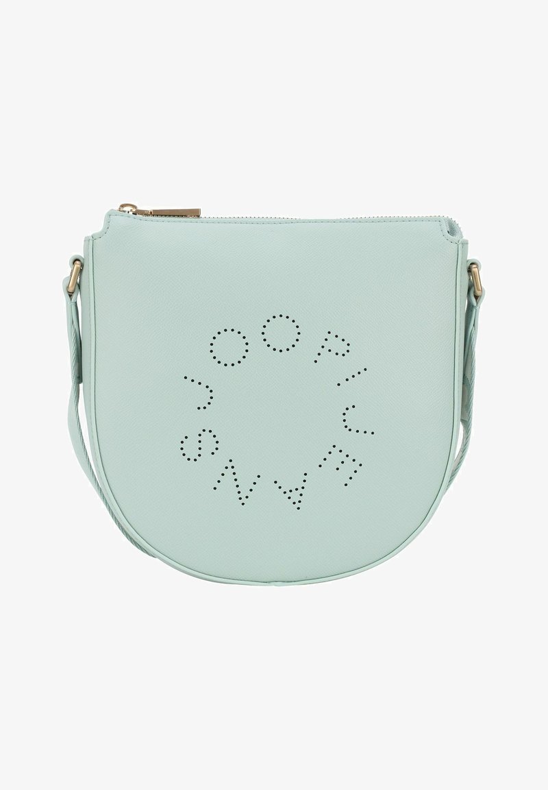 Miętowozielona torebka crossbody o zaokrąglonym kształcie, wykonana z teksturowanego materiału syntetycznego, z perforowanym detalem z logo oraz regulowanym paskiem na ramię.