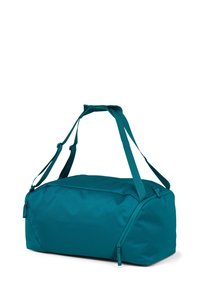 Teal Reisetasche aus strapazierfähigem Stoff, mit Doppelgriffen, Reißverschlussverschluss und einer weichen Textur in rechteckiger Form.