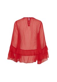 Rote halbtransparente Bluse mit ausgestellten Ärmeln und geschichteten Rüschensaum. Verfügt über einen runden Ausschnitt und einen kleinen Knopfverschluss hinten.