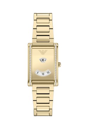 Goldene rechteckige Armbanduhr mit Gliederarmband, Diamantakzenten auf der Lünette, digitaler Zeitanzeige mit separaten Fenster für Stunde und Minute.