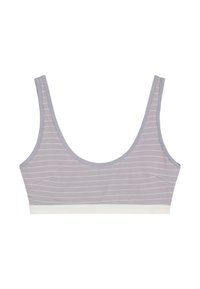 Grijze gestreepte bralette met brede bandjes, een scoop halslijn en een witte band aan de onderkant. Gemaakt van zachte, rekbare stof voor comfort.