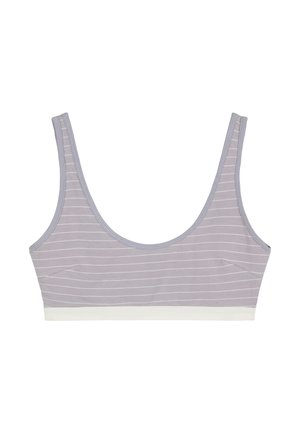 Grau gestreifter Bralette mit breiten Trägern, einem runden Ausschnitt und einem weißen Band am unteren Rand. Hergestellt aus weichem, dehnbarem Stoff für optimalen Tragekomfort.
