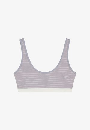 Grijze gestreepte bralette met brede bandjes, een scoop halslijn en een witte band aan de onderkant. Gemaakt van zachte, rekbare stof voor comfort.