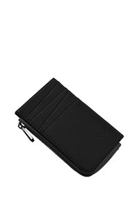 Black leather wallet with zip closure, featuring multiple card slots and contrasting stitching. Smooth texture with embossed logo detail.