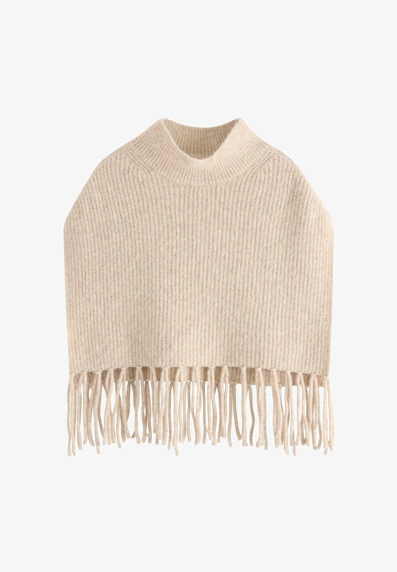 Beżowy dzianinowy poncho z wysokim kołnierzem i prążkowaną teksturą. Posiada frędzlaste wykończenie, które dodaje szczegółów do projektu.